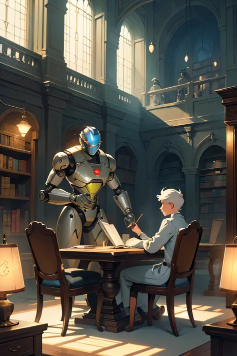 In a quiet and serene library, a sleek and modern robot is seated at a wooden table, engrossed in the pages of a Disney-style picture book. The robots metallic frame gleams under the soft light of the library, contrasting starkly against the antique furnit...