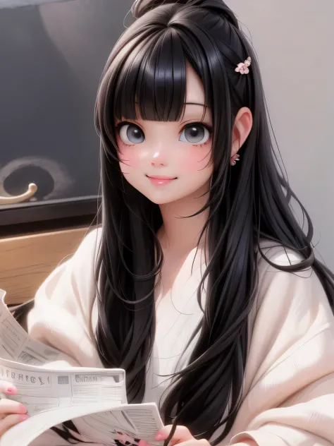 masterpiece, best quality, a close up of a cute girl smiling with long black hair and bangs holding a newspaper, ulzzang, she has black hair with bangs, white hime cut hairstyle, long black hair with bangs, black hime cut hair, long hair with full bangs, l...