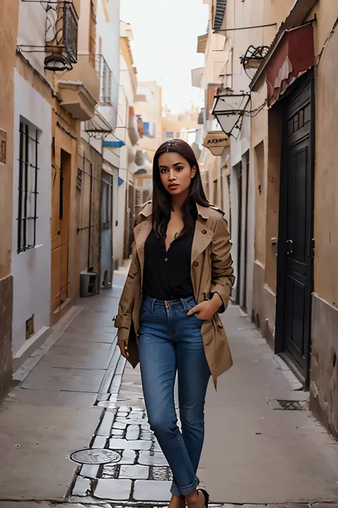 belle fille amazighe marocaine dans un endroit magnifique au maroc et qui porte un trench coat de chez h&m et jeans de zara