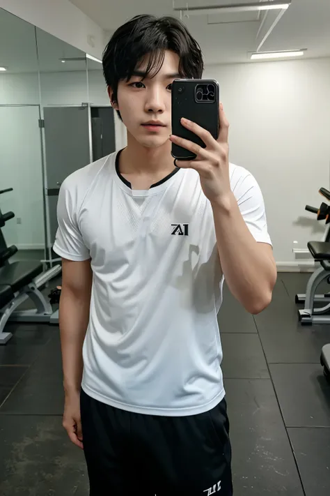 A 21 year old Korean man, BTS singer style, just his face, in workout clothes, self photo, shy, in a gym, self photo, camera 46 degrees,