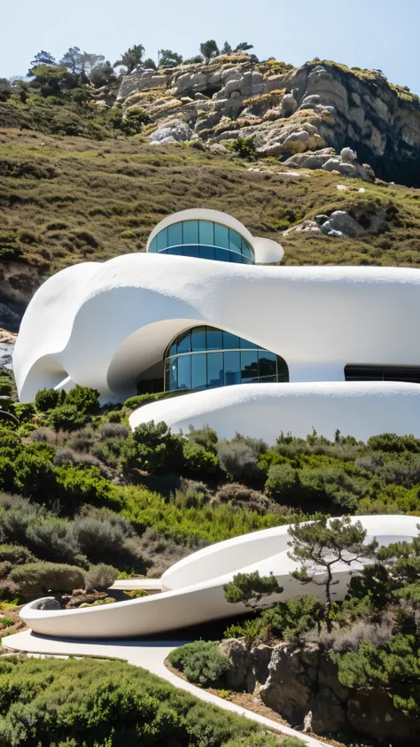 foto crua, (biomorphic museum building seen from outside), ((front elevation)), (limestone), curvilinear, bordas curvas, mediter...