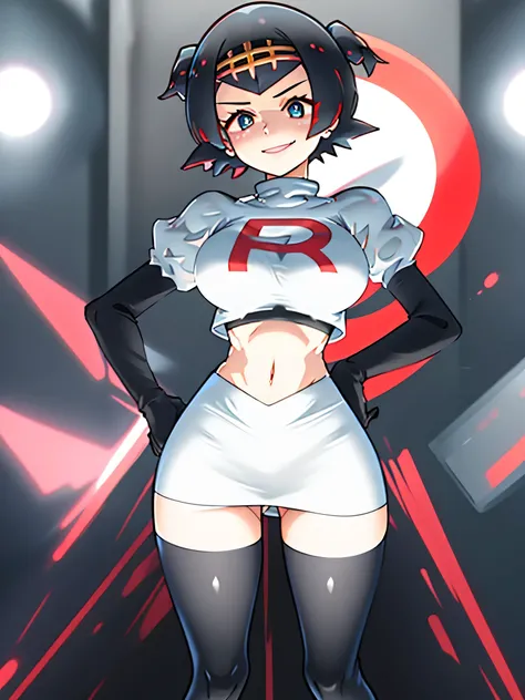 8k, anime screencap,1girl in, (solo:1.1), (perfect body:1.1), (best quality:1.1), very large breast, team rocket uniform, red letter r, white skirt,white crop top,black thigh-high boots, black elbow gloves, evil smile, looking down at viewer, hands on hips...