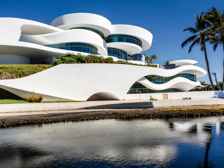 foto crua, (biomorphic museum building seen from outside), ((front elevation)), (terra), curvilinear, bordas curvas, mediterrane...