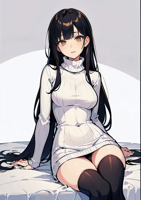 Sexy, turtleneck dress, turtleneck sweater, 1girl, highress masterpiece, slim body type, natural lipstick, black hair, golden eyes, laying on bed, provocative pose, no underwear, black stocking