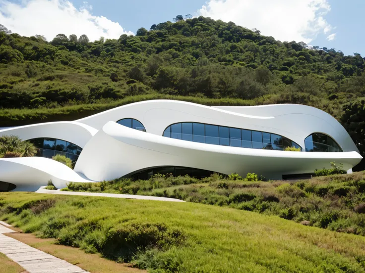 foto crua, (biomorphic museum building seen from outside), ((front elevation)), (terra), curvilinear, bordas curvas, mediterrane...