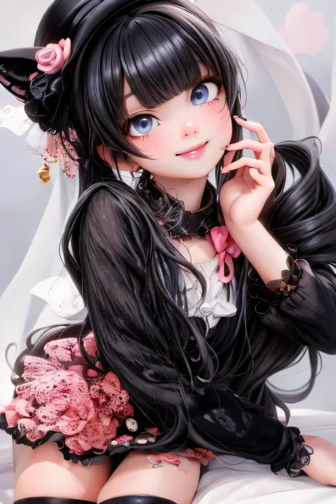 masterpiece, best quality, a cute girl smiling with long black hair and a black hat, 1 7 - year - old anime goth girl, black hair black cat ears, black hime cut hair, with long black hair, with long hair and piercing eyes, with black pigtails, sui ishida w...