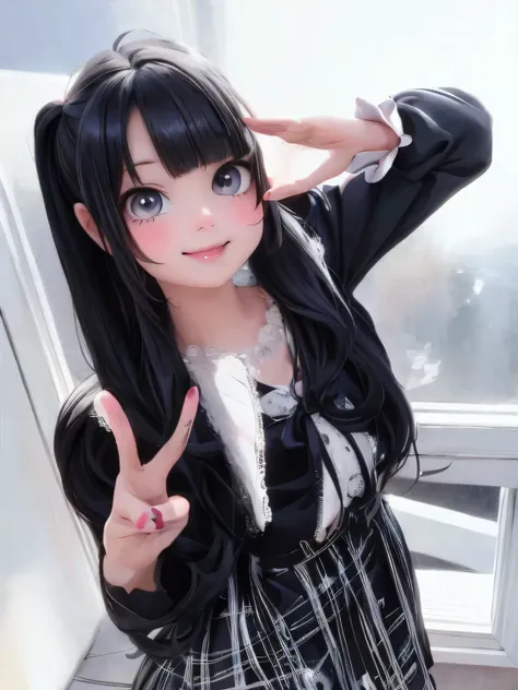 masterpiece, best quality, a cute girl smiling with long black hair and a black and white dress, black hime cut hair, she has black hair with bangs, long black hair with bangs, anime girl cosplay, with black pigtails, anime girl in real life, with long bla...