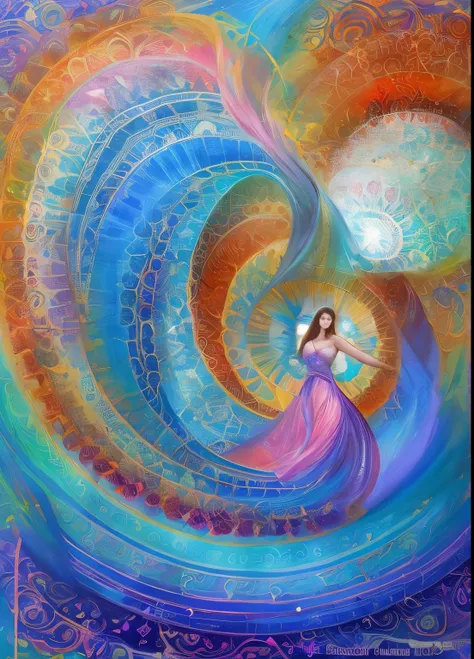 uma pintura de uma mulher de vestido sentada em uma onda, softly swirling magical energy, rotary power conduit, Fluxos de energia em redemoinho, swirling magical energy, Ethereal Angelic Being of Light, emanando e fluindo energia, visionary art, arte color...