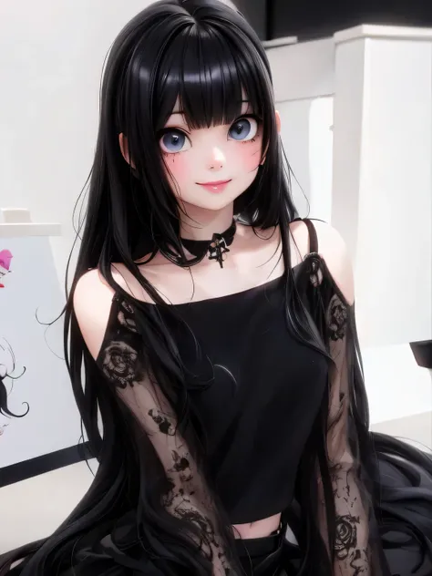 masterpiece, best quality, a cute girl smiling with long black hair and a black top, cruel korean goth girl, black hime cut hair...