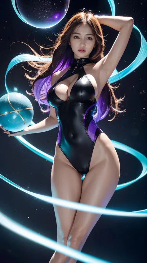 Masterpiece, best quality, 1girl, with long flowing iridescent hair in shades of purple, blue, and green, wearing a sleek black bodysuit, standing in a dramatic pose with one hand on her hip and the other holding a glowing, magical crystal ball. In the bac...