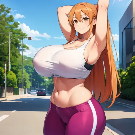 masterpiece, best quality, asuna yuuki in sports bra and yoga pants, gigantic breasts, saggy breasts, KC Style, arms behind back looking at viewer smiling, brown eyes, outdoors, street, wide hips, thick thighs,dynamic pose, light orange hair