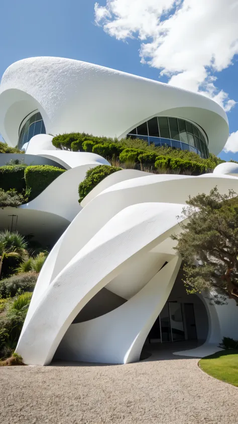 foto crua, (biomorphic museum building seen from outside), ((front elevation)), (blocos de terra), curvilinear, bordas curvas, m...