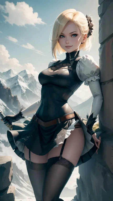 best quality, highres, and18, 1girl, android 18, solo girl, 1girl, blonde hair, blue eyes, yorha 2b costume, gothic-style short dress with a flared skirt, long puffy sleeves, white leotard, embroidery on the hem of skirt, black thigh high heels, black stoc...