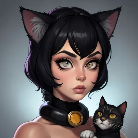 a close up of a person holding a cat, adorable digital painting, margaret keane style, cat portrait painting, elokitty, woman and cat, emo girl and her cat, digital art animal photo, loba andrade from apex legends, kawaii realistic portrait, photorealistic...