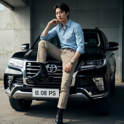 Photo realistic of a 25 year old Korean man wearing a sky blue shirt, khaki ankle pants, shiny black shoes, sitting elegantly on a black Fortuner car, the cars number plate reads "02". realistic, hyperrealistic, 8K, Ultra HD