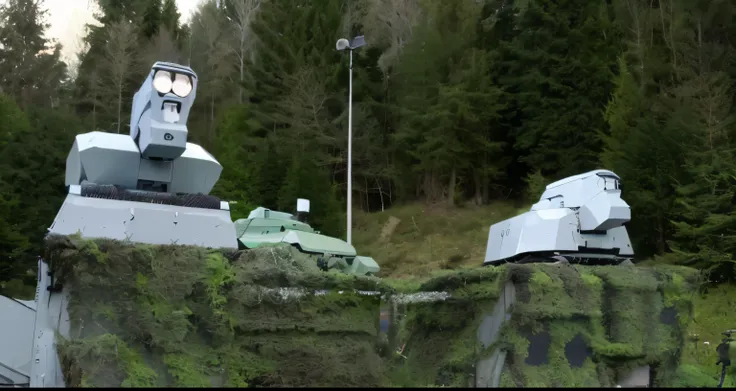 there are two military vehicles that are covered in green moss, automated defence platform, military robot, laser weapons, military drone, robot guards, robot seizes the forest crown, himars, security robots delivery, large robot, looking towards camera, i...