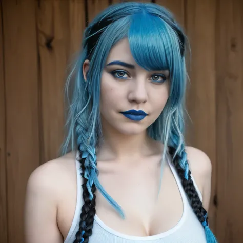 Realistic photo, portrait of young alternative (((blue hair))) in braids, big breasts, no makeup (((no tattoos))), looking at the camera, wearing black top posing for a picture, 