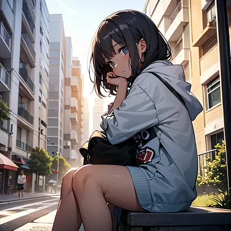 (((masterpiece))), (solo), (1girl), ((sitting outside apartment)), cute, young, sad