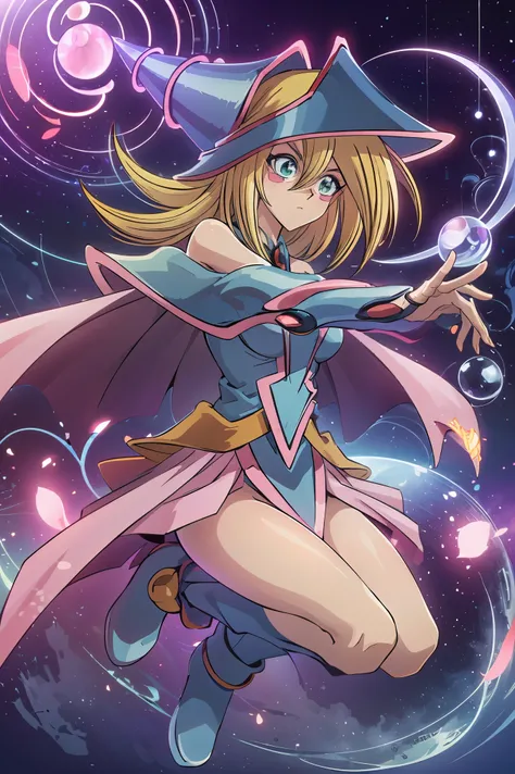 Dark magician gils. Cabello rubio y largo. Ojos azules. Labios rojos. Levitating above a circle of magic. Energy heart in the air. Pose de piernas levantadas. Pose sensual y inocente. Efectos de hechizos en las manos. 