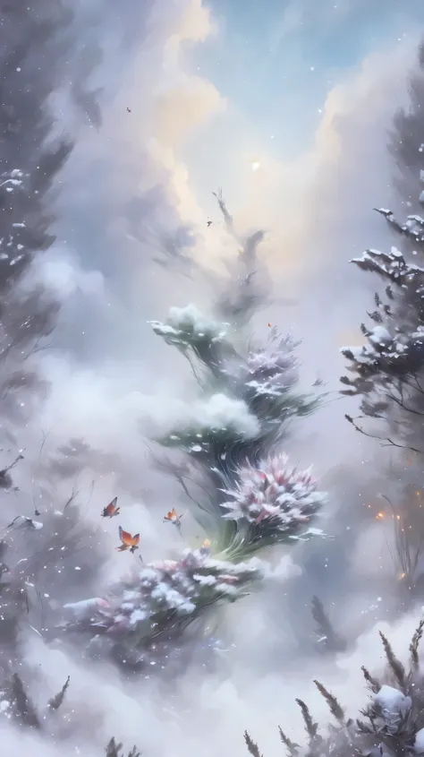 Princess的脸出现在空中，Winter scenery，Surreal wonderland，Dreamy cloud and fairy island，(big snowflake:1.3)，五颜六色的big snowflake飞舞着，Princess&#39;The palace is covered with snow，The tree of life blooms with endless vitality，Twinkling stars in the night sky，Overlappin...