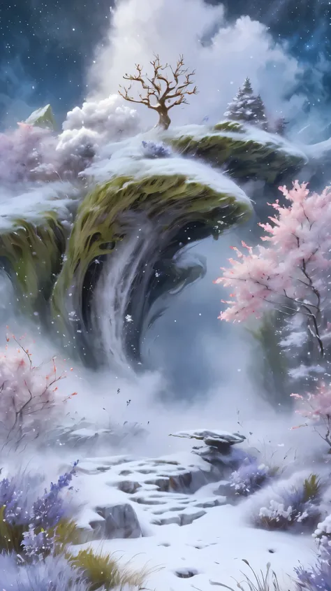 Princess的脸出现在空中，Winter scenery，Surreal wonderland，Dreamy cloud and fairy island，(big snowflake:1.3)，五颜六色的big snowflake飞舞着，Princess&#39;The palace is covered with snow，The tree of life blooms with endless vitality，Twinkling stars in the night sky，Overlappin...