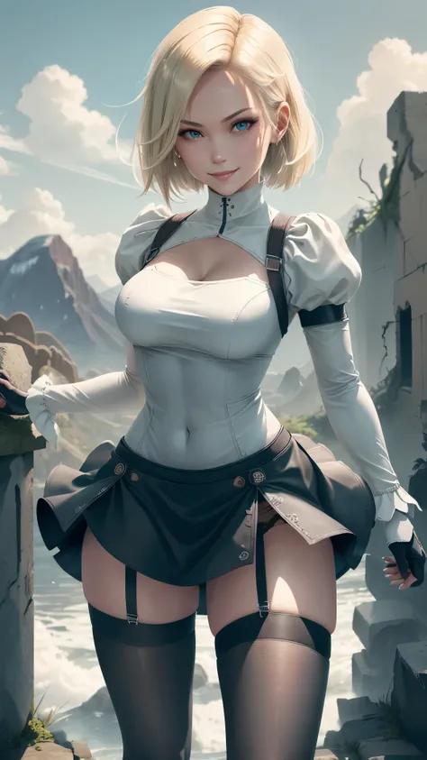 best quality, highres, and18, 1girl, android 18, solo girl, 1girl, blonde hair, blue eyes, nier automata, gothic-style short dress with a flared skirt, long puffy sleeves, white leotard, embroidery on the hem of skirt, black thigh high heels, black stockin...