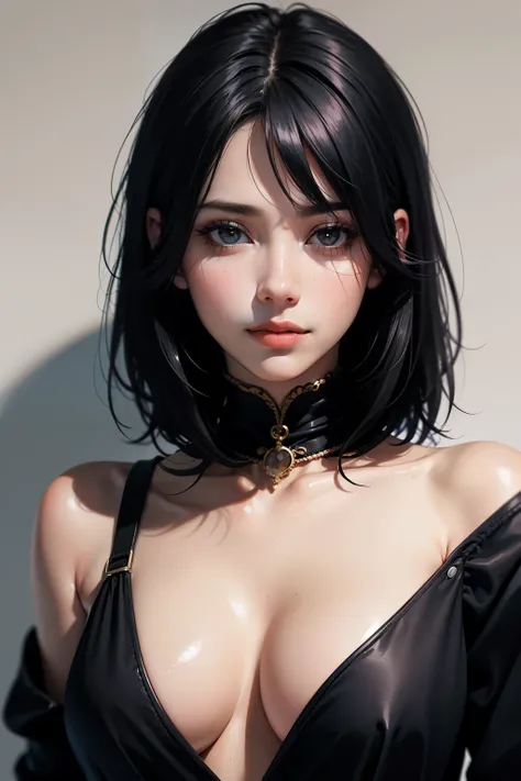 (realistic:1.37),dark short hair,raven-black flowing hair,fringe,deep black eyes,21 years old,shoulder-length hair,black clothing,black uniform,medium:oil painting,female portrait,subtle smile,vivid colors,soft lighting,studio setting,detailed brushstrokes...