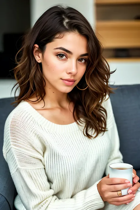 Cute brunette sitting comfortably on the sofa, drinking tea in hand, elegantly dressed in a white wool sweater that fits perfectly, highlighting her flawless figure and delicate hands, intricately detailed with a sharp focus on her expressions, 27 years ol...