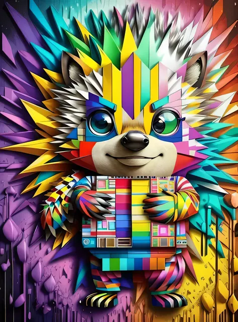 (Porcupine (Pithecophaga jefferyi)),  Eduardo Kobra acolchoamento ,multidimensional geometric PORTRAIT wall, arte, chibi,
yang016k, lindo, colorido,
obras-primas, qualidade superior, melhor qualidade, arte oficial, beautiful and aesthetic,