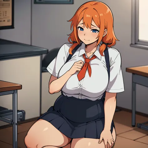 obra maestra, Mejor calidad, detalles intrincados, Anime illustration of a girl with orange hair with two pigtails, blue eyes, she is a fat and obese girl and she wears a uniform of a white shirt with a red tie and a black skirt, she is in a classroom, sh...