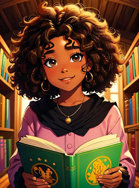 uma  de 8 anos, pele negra, cabelo afro cacheado, olhos castanhos claros, feliz e encantado estilo Disney segurando o livro, fundo de uma biblioteca