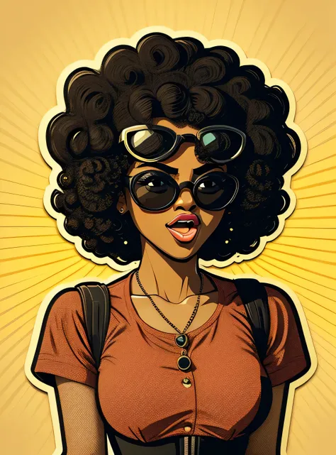 Adesivo Wow pop art face. woman with black afro curly hair and open mouth and sunglasses , Vector background in pop art retro comic dots style