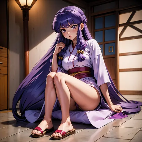 Anime girl with long purple hair carrying a redhead in her arms, vestindo um quimono flor roxa, carrying a red-haired girl with braids in her arms, carrying a fainted redhead in his arms, 16 anos, corpo bonito, seios grandes, cabelo roxo purple, cabelo rox...