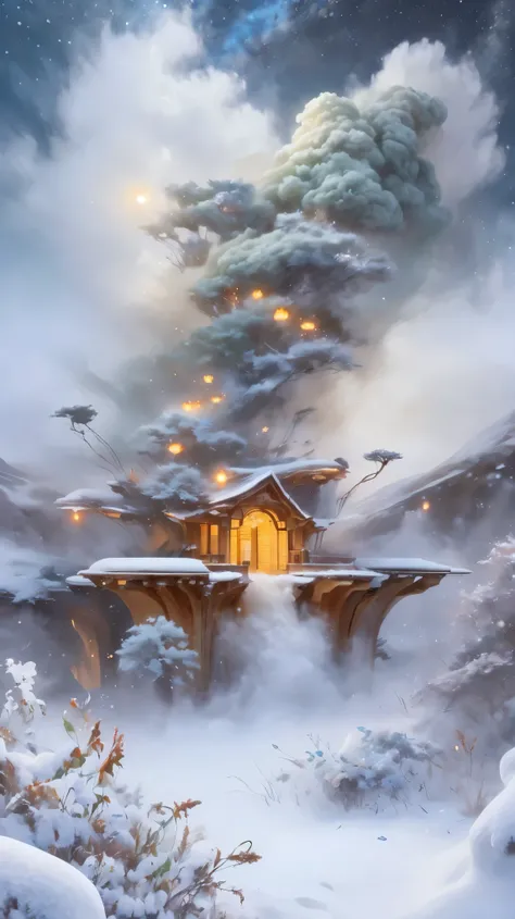 Princess的脸出现在空中，Winter scenery，Surreal wonderland，Dreamy cloud and fairy island，(big snowflake:1.3)，五颜六色的big snowflake飞舞着，Princess&#39;The palace is covered with snow，The tree of life blooms with endless vitality，Twinkling stars in the night sky，Overlappin...