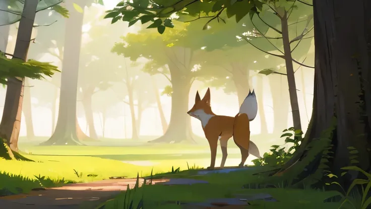 Lonely fox, percorrendo os caminhos tranquilos da floresta. The fox has a connection with nature and curiosity as it explores the secret corners of the place.