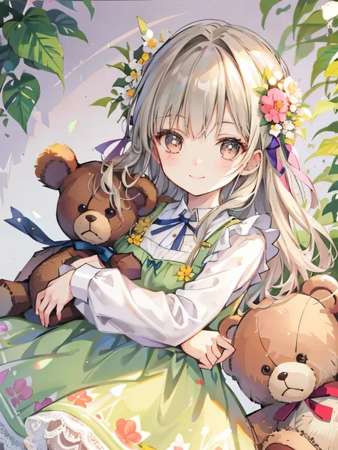 girl,botanical dress,((hugging a teddy bear)),smile,cute,close up of face