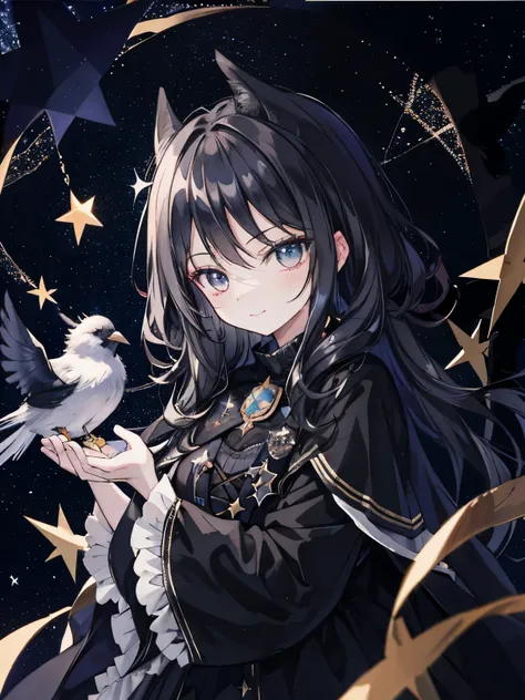 capture the heart,dark atmosphere,suspicious smile,fluffy and voluminous hair,black magic,magic circle,((star light background:1.3)),((bird collage:1.2))