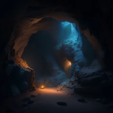 there&#39;s a light on in a cave, bela cena da caverna da fantasia, cave lighting, Magic Cave, caverna antiga, uma caverna estranha, Pedras brilhantes da caverna, ambient cave lighting, cave exploration, dark underground cave, unreal engine lighting 5, em ...