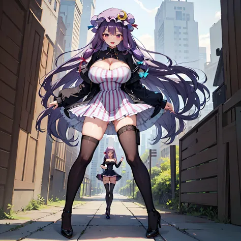 (patchouli toho character), (standing at lakeside forest), outside, (standing with open legs wide:1.6), (arms behind back), (ben...