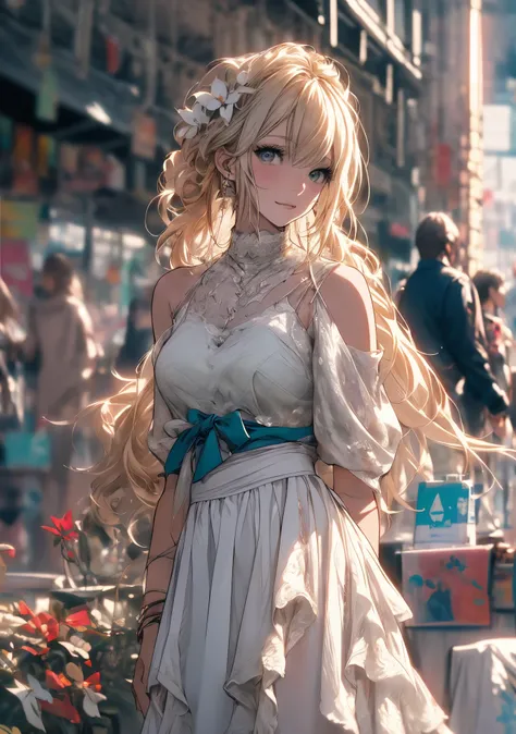 chica anime con vestido blanco parada bajo la lluvia con los brazos cruzados, chica con pelo blanco, guweiz en pixiv artstation, guweiz en artstation pixiv, estilo anime 4k, fondo de pantalla de arte anime 8 k, chica anime con pelo largo, deidad de pelo bl...