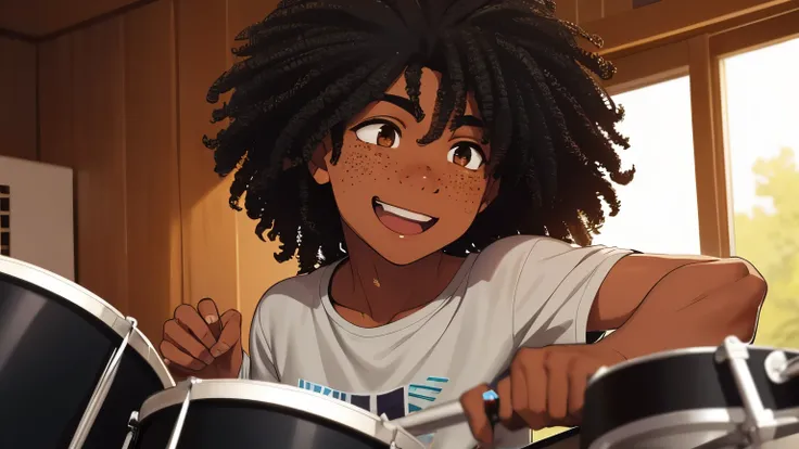 Dark-skinned boy, black curly hair, freckles on his face, happy, taking off a stylized mask, showing a part of his face, playing the drums, high resolution, high details, 4K, ultra hd