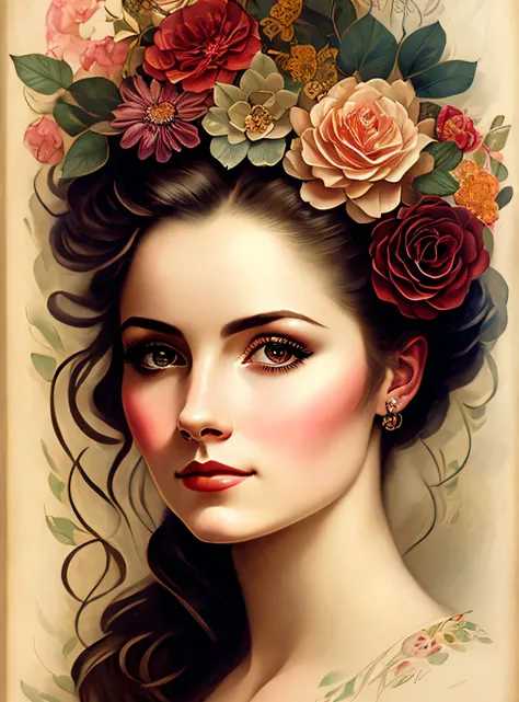 Charlie Bowater Realistic Lithography Sketch Portrait of a Woman, Flores, [engrenagens], tubos, dieselpunk, fitas multicoloridas, textura de papel velho, altamente detalhado