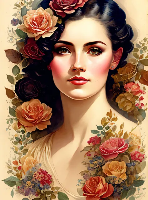 Charlie Bowater Realistic Lithography Sketch Portrait of a Woman, Flores, [engrenagens], tubos, dieselpunk, fitas multicoloridas, textura de papel velho, altamente detalhado