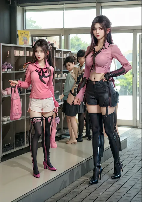 Anime characters and a girlfriend in a pink shirt in a store, anya from spy x family, The style is a mixture of Aeon Flux, author：Yasutomo Oka, character 5 style, edge style, Nico Robin, fully dressed!!!, new goddess, High heel. Anime style by pixiv, ecchi...