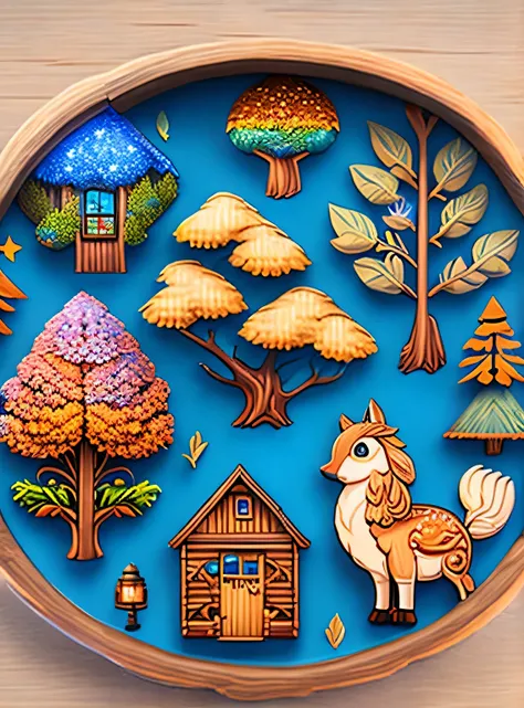 Ornamentos redondos，Vale de Stardew， cabine de madeira，The tree，florais，criaturas，The outline is sharp，(fundo azul)