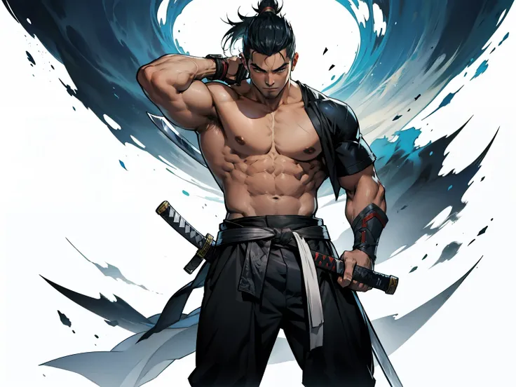 shirtless yasuo with his sword standing in heroic pose