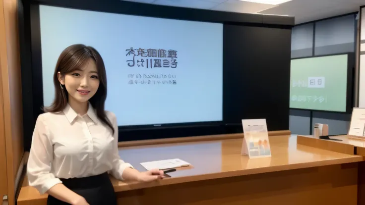 a cute office lady is giving presentation on her booth. spring makeup.