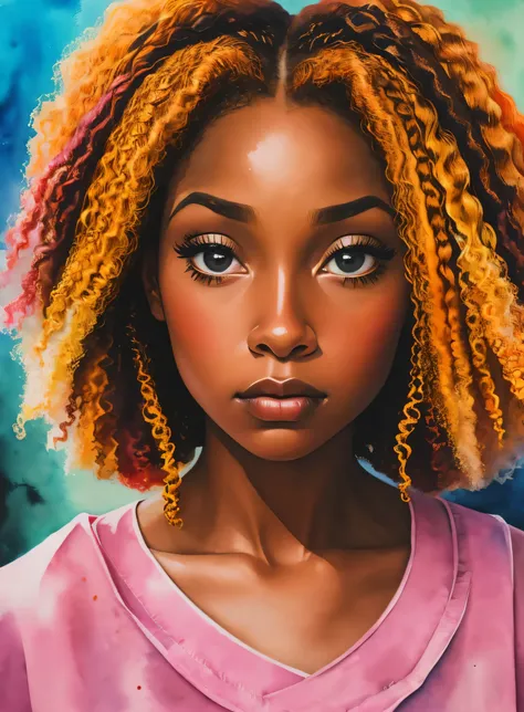 pintura de uma mulher com cabelos cacheados no cabelo, inspirado em chinwe chukwuogo-roy,  preta bonita, garota afro-americana, ...