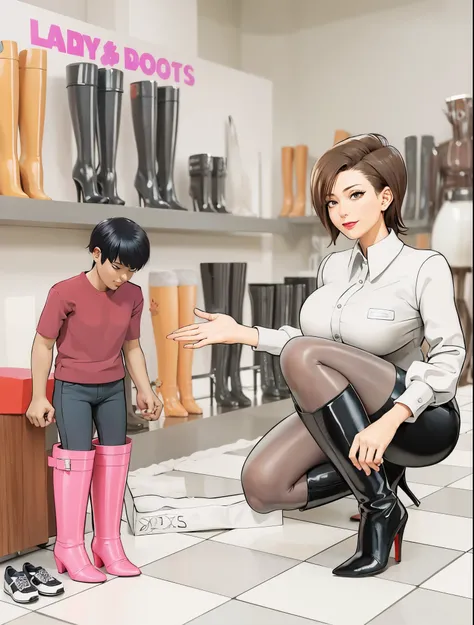 cartoon of a woman in boots and a woman in a red shirt, she wears boots, Cartoon rendering art style, high boots, High heel. pixiv 的anime style, massive boots, riding boots, daily attire, boots, fully dressed!!!, wearing boots, high_detailed!!, (SFW) Work,...