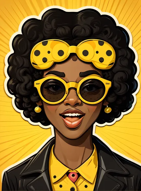 Adesivo Wow pop art face. woman with black afro curly hair and open mouth and sunglasses , Vector background in pop art retro comic dots style